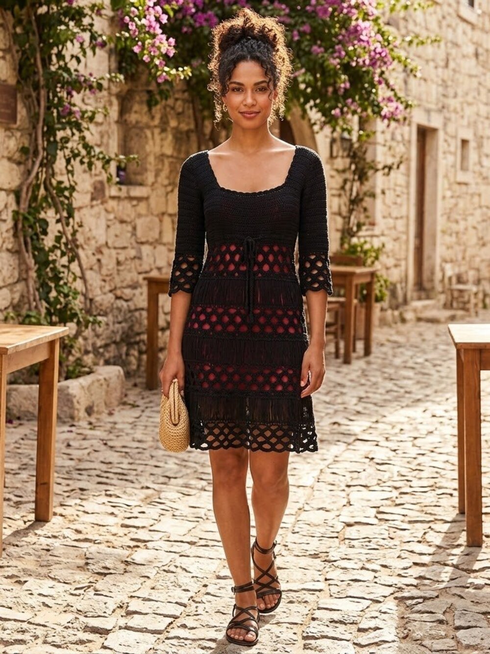 Temperley London Black & Red Crochet Lace Overlay Dress